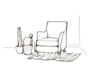  illustration of reading chair with two potted cactus and small rug 