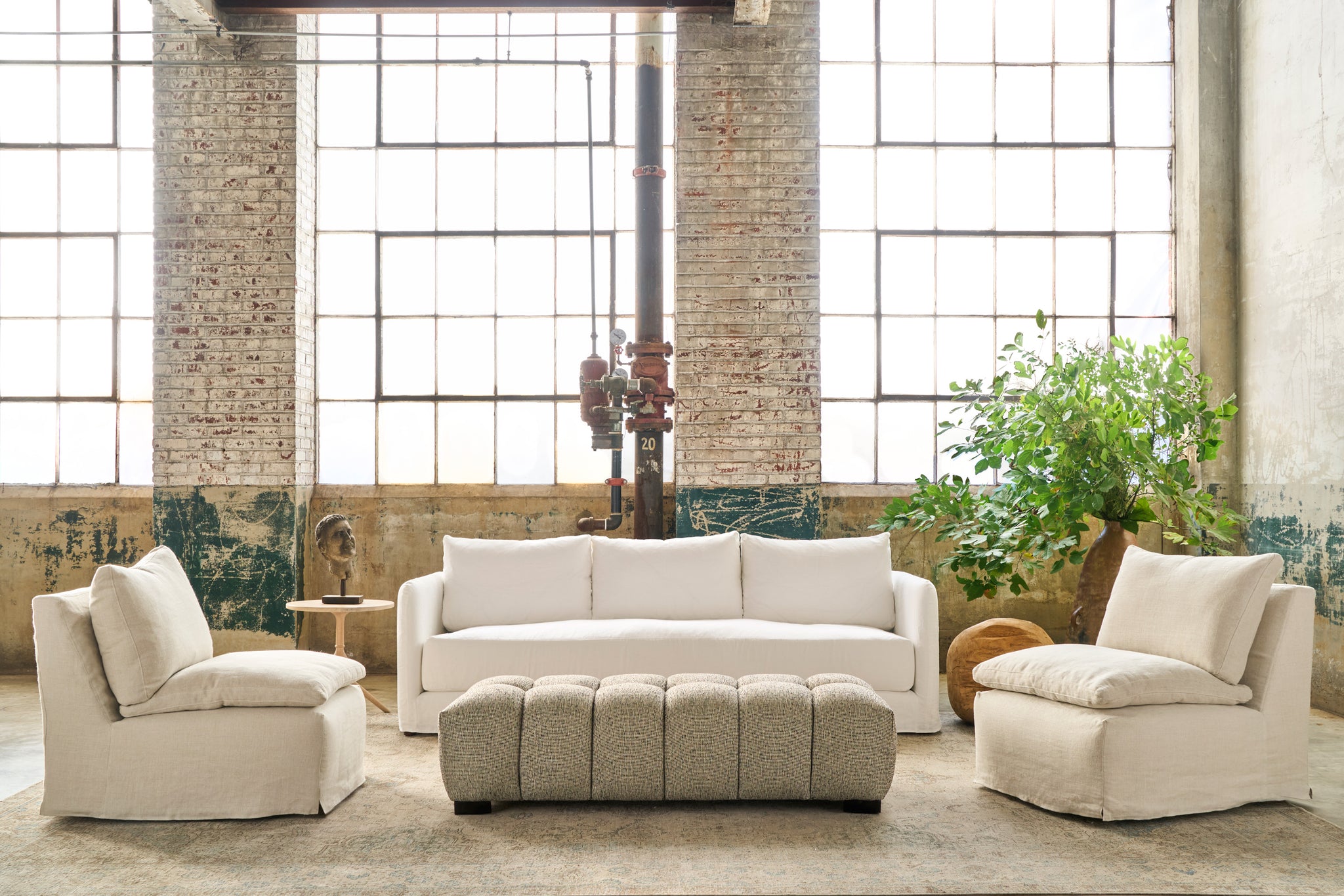  Chair with slipcover, a large pot with foliage behind. Next to a white sofa. Photographed in Noah Bone. 