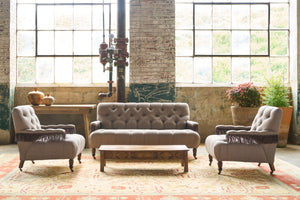  Brown sofa with fringes and 2 chairs. Photographed in JD Rye Acorn. 