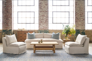  Chair with slipcover, a large pot with foliage behind. Next to a oatmeal colored armless sofa with 2 blue pillows. Photographed in Noah Bone. 