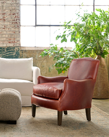 Leather Chair in a showroom. A big plant in a pot in the back. Photographed in Solvang Chianti.