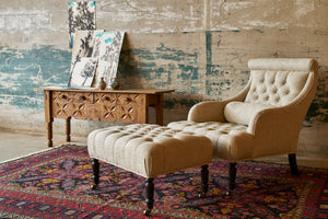  Juliet Ottoman in Bellamy Oatmeal next to Juliet chair and wood side table.  Photographed in Bellamy Oatmeal.  