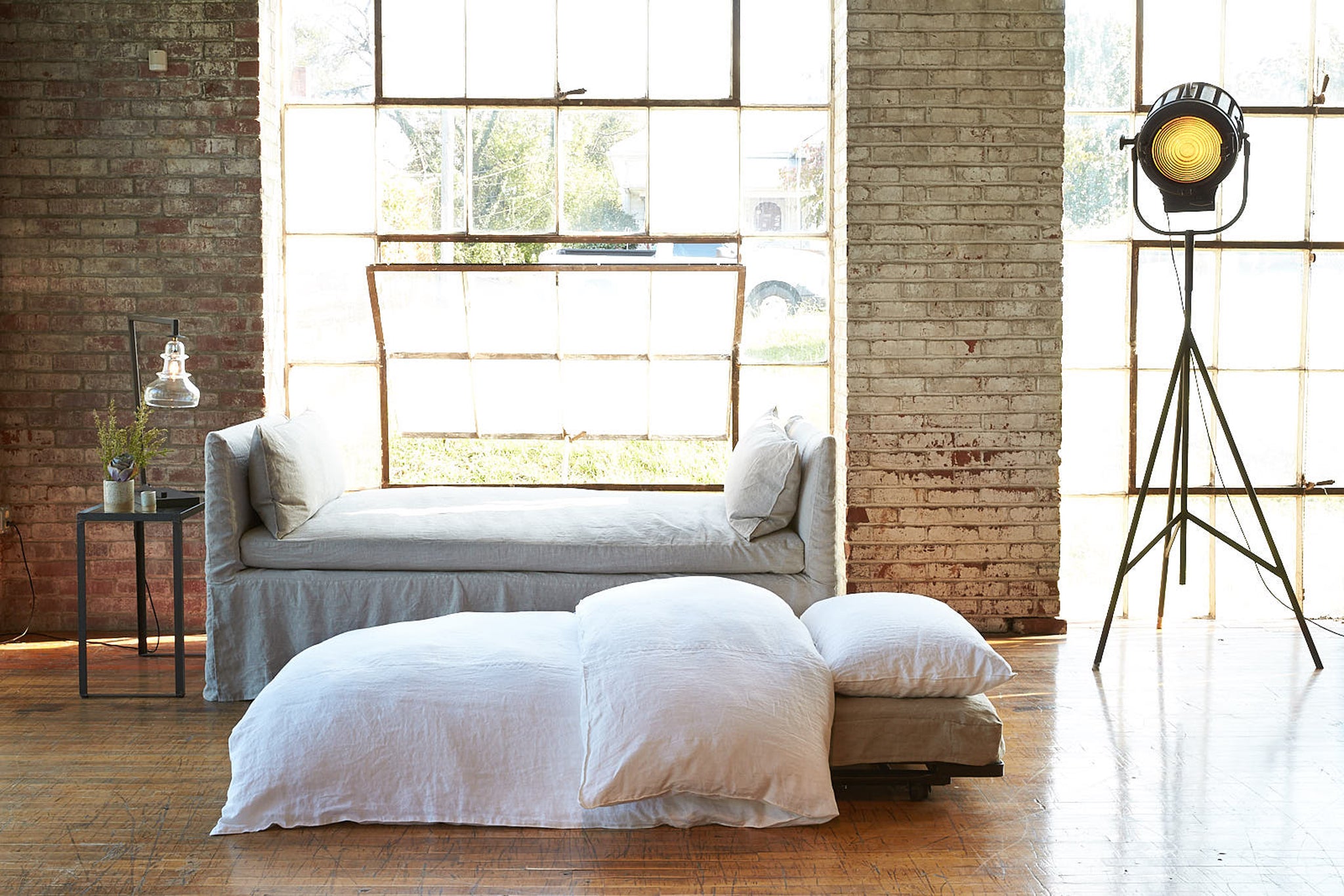  Soft light interior loft featuring Linda Trundle Daybed in Logan Oatmeal. Photographed in Logan Oatmeal. 