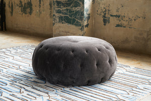  Pouf Ottoman 43 in Photographed in Velluto Slate in an empty room. Photographed in Velluto Slate. 